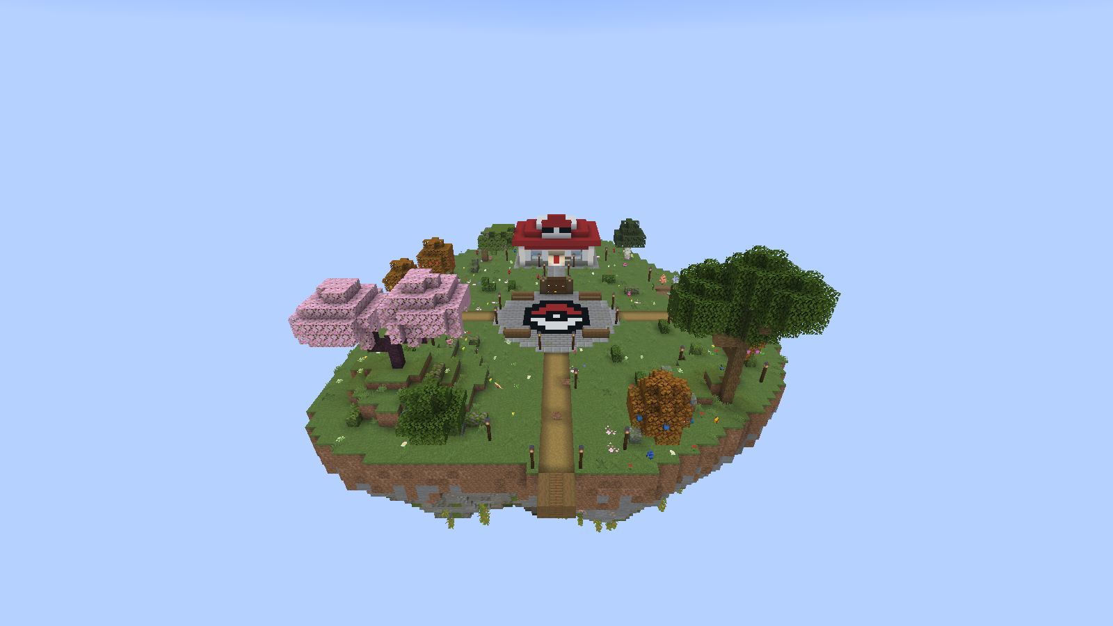 Luftbild der Spawn-Insel mit Poké-Ball-Platz und Pokémon-Center